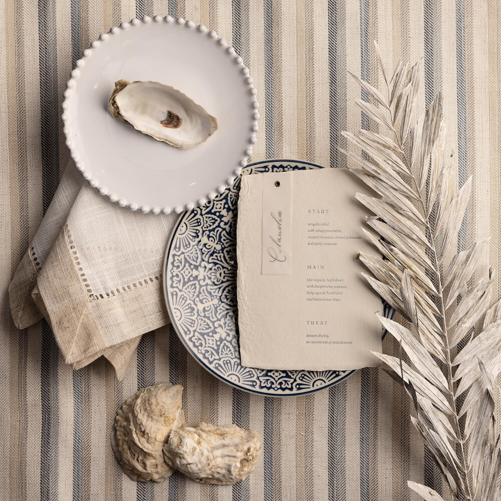 Hemstitch White & Flax Napkin and Davey Coastline Blue Striped Tablecloth.