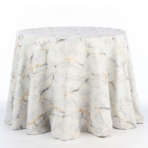 Round table draped with a Carrara Marble rental featuring a marbled design in muted shades of gray and tan.