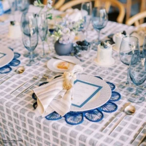 A table with glasses and plates on it available for Davey Coastline Blue Napkin rental.