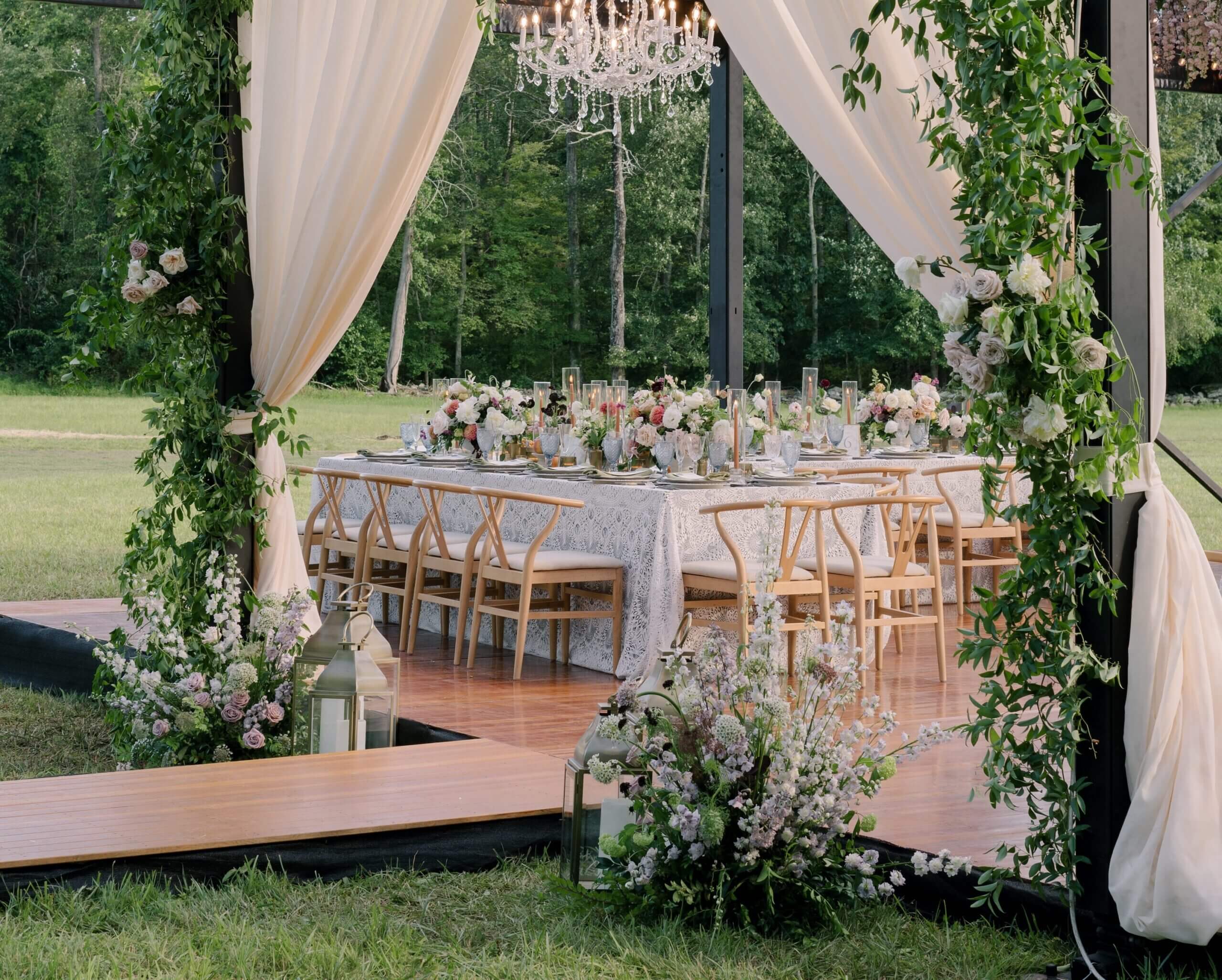 A beautifully arranged table set for a wedding, featuring elegant linens rented from an event linen rental company.