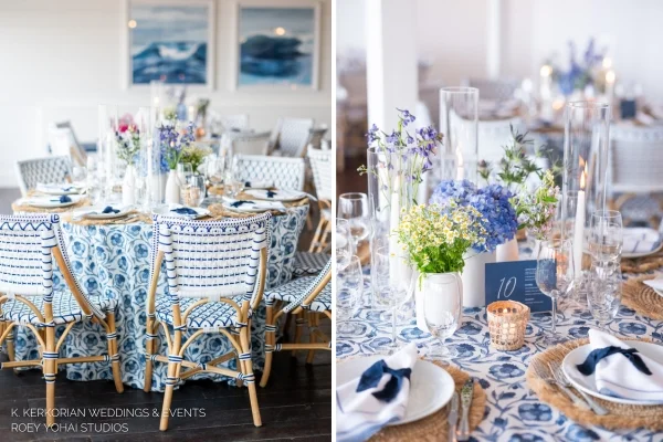 A wedding reception setup featuring blue and white themed table settings with floral centerpieces, patterned chairs, and elegant Marseille Bleu wedding table linens.