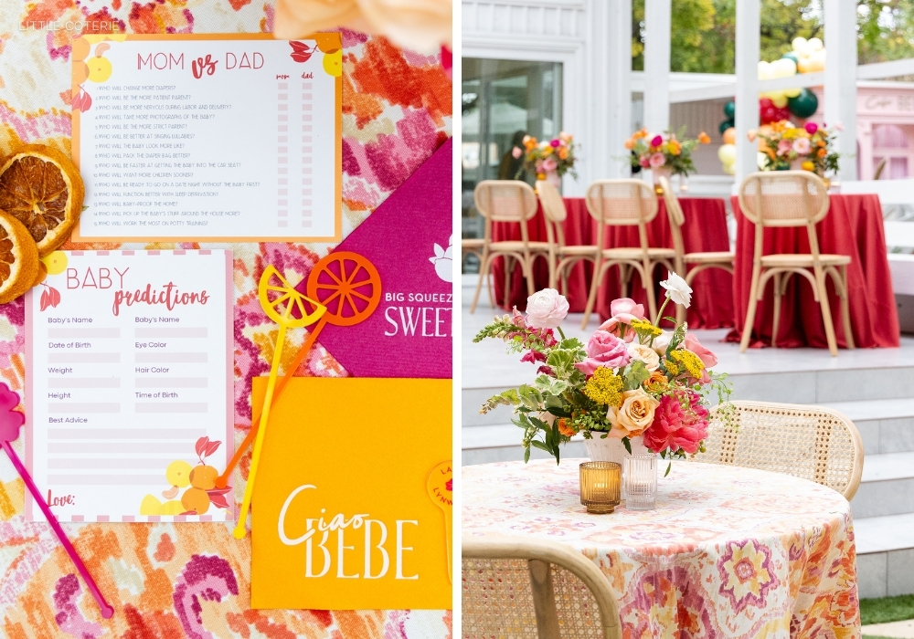 Elegant outdoor baby shower event setup with decorative tables and a colorful prediction and advice station.