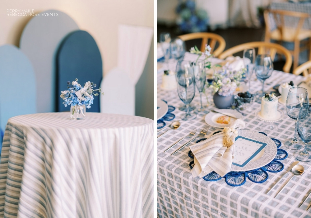 Elegant table setting with blue and white theme, featuring floral centerpieces and patterned linens.
