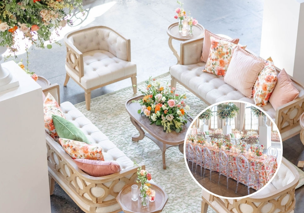 Elegant and cozy event setup featuring comfortable seating and beautiful floral arrangements.