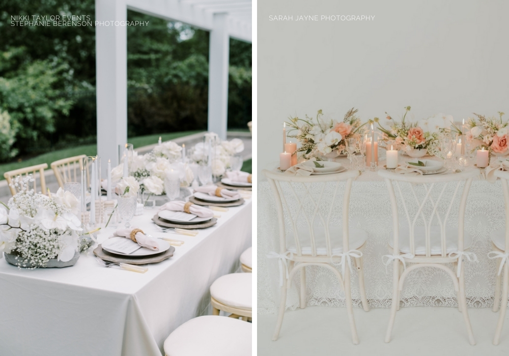 An elegantly set table for an outdoor event with floral centerpieces and white chairs.