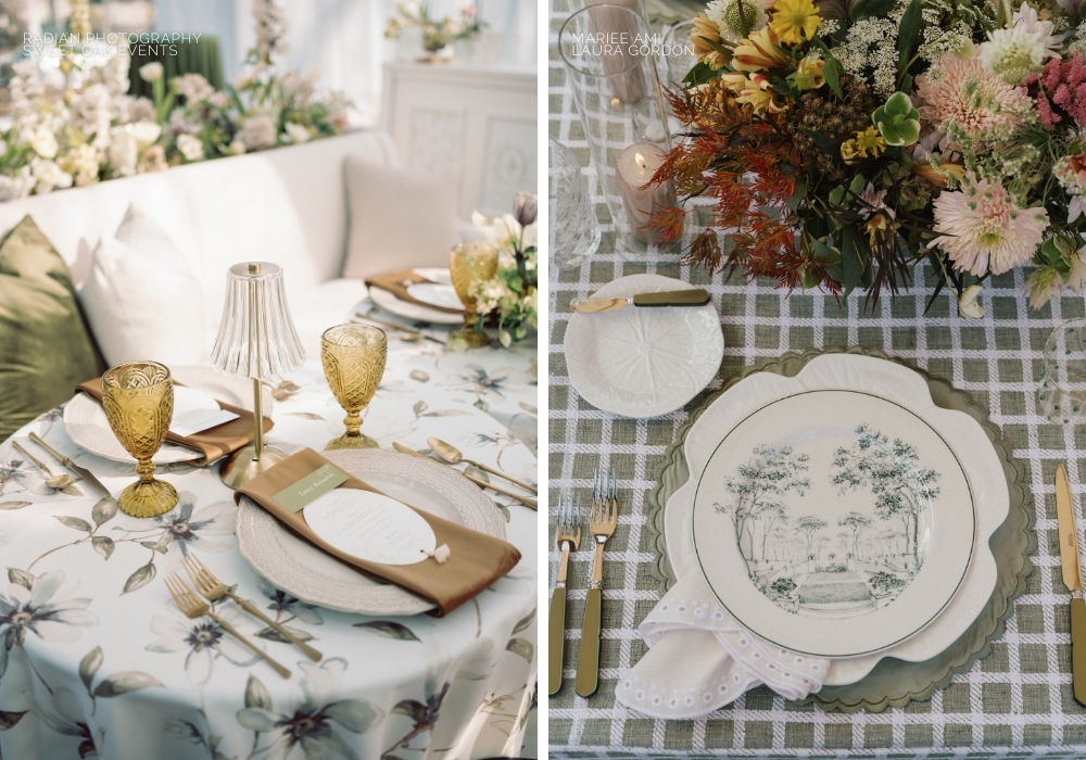 Elegant table settings featuring fine china, gold stemware, and a floral centerpiece for a refined event.