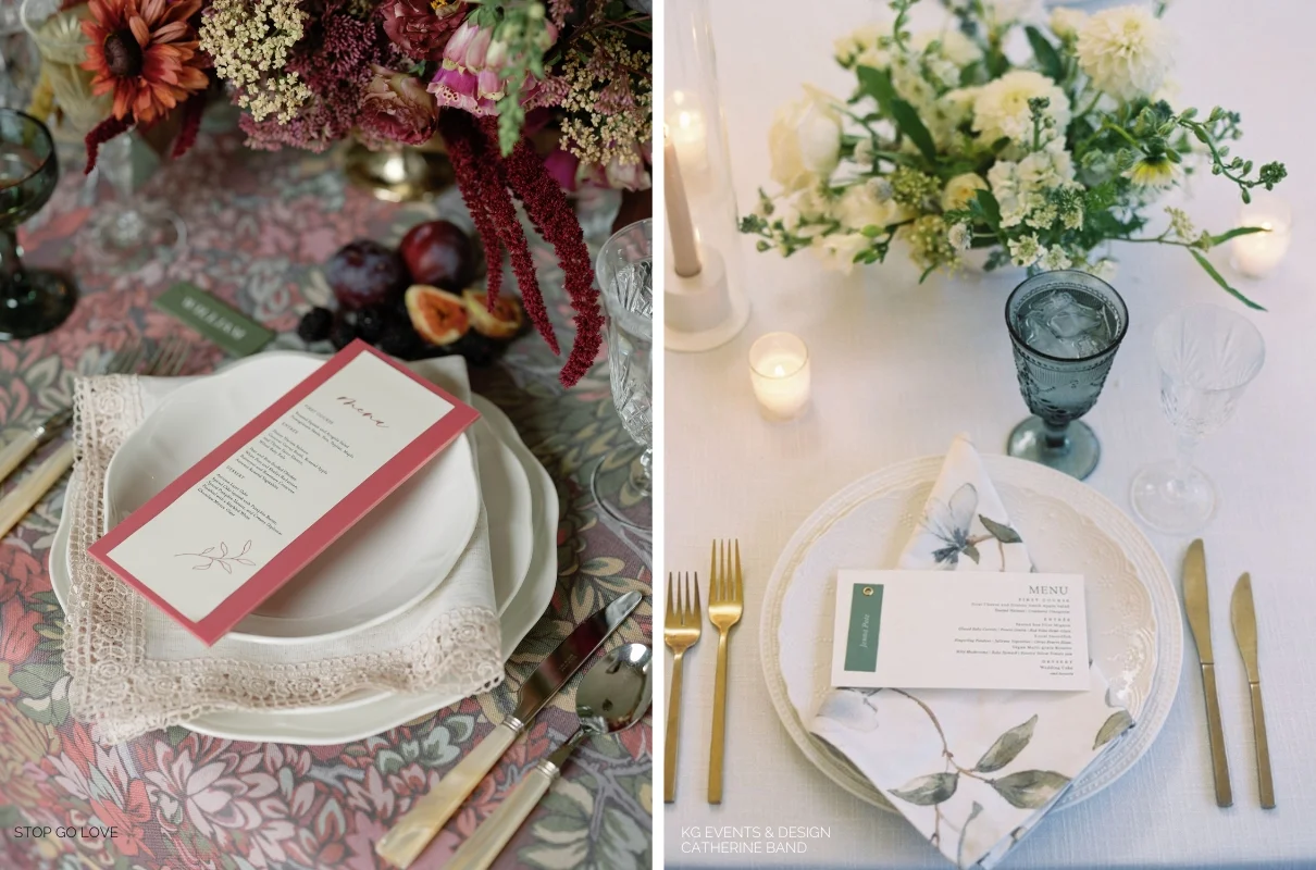 Elegant dining table settings with floral arrangements, colorful menus, artistic napkin folds, candles, and glassware on patterned tablecloths, photographed in natural lighting.