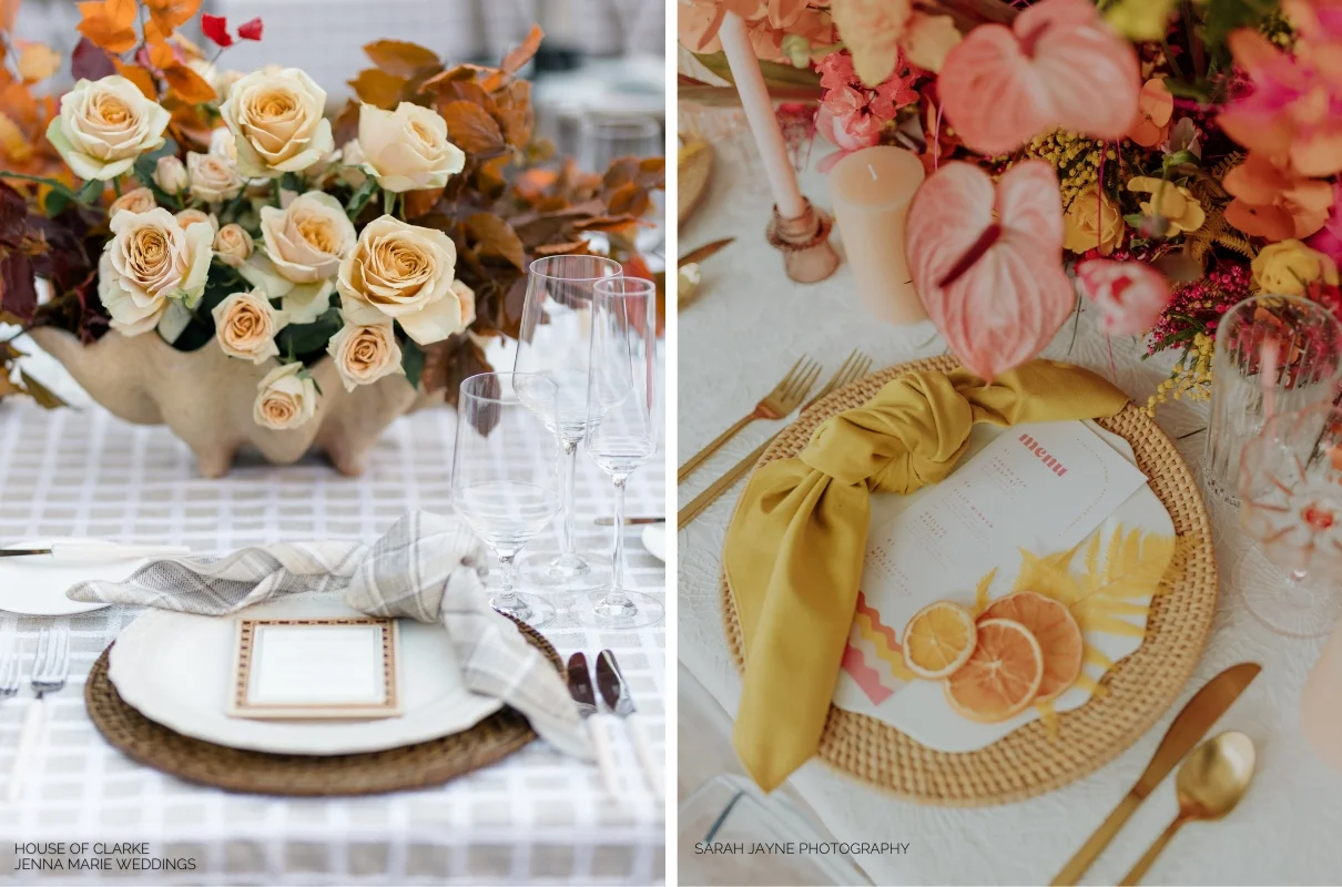 Elegant table setting featuring a bouquet of pale roses and autumn leaves, next to a place setting with gold cutlery, intricate napkin folding, and a menu surrounded by vibrant orange floral decorations.