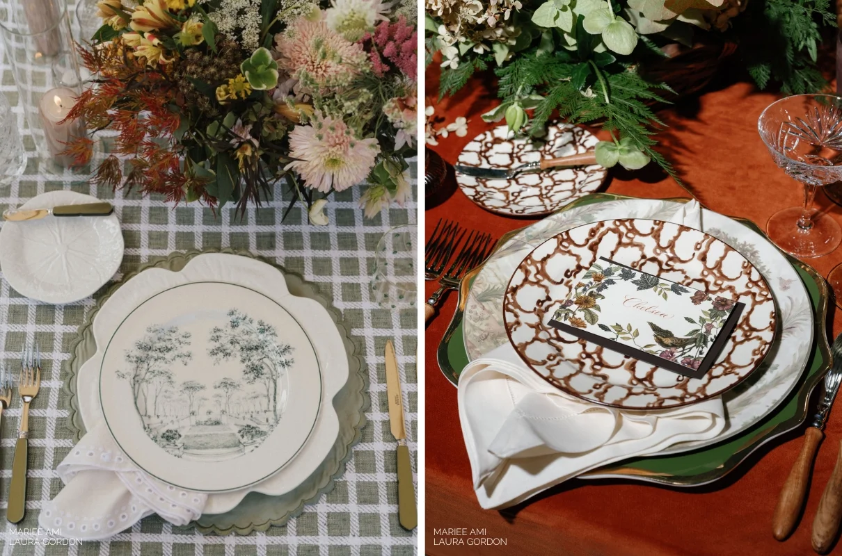Elegant table settings with floral arrangements and sophisticated napkin folding ideas: one with a simple white plate with a pastoral design, and another with a detailed brown and white patterned plate.
