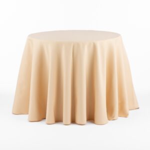 A round table covered with a Monaco Moonstruck Swatch tablecloth, draped to the floor. The background is white.