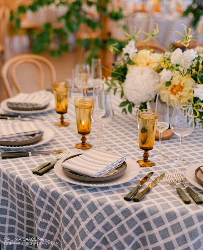Elegant table setting for an event with blue and white checkered tablecloths, floral centerpieces, gold-rimmed glassware, and creative napkin folds.