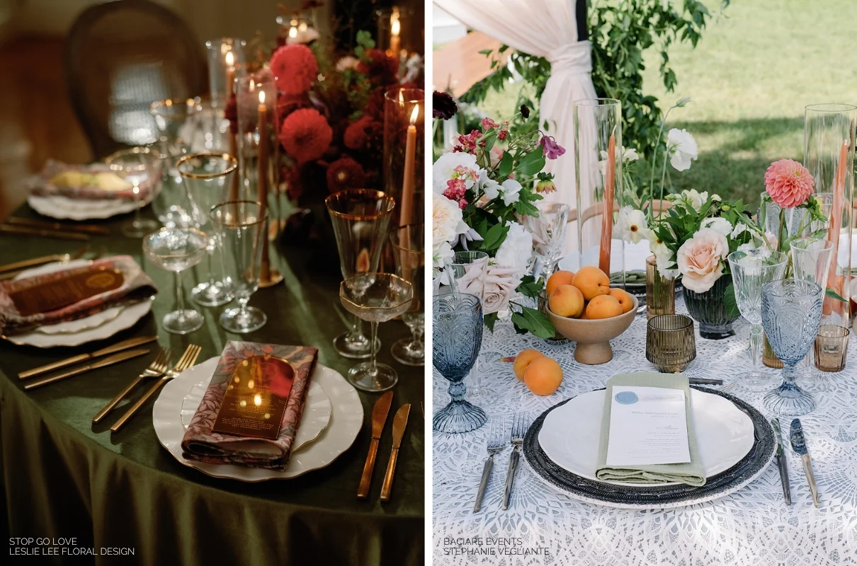 Elegant dining setups: left, a table with candlelight, wine glasses, and a floral centerpiece featuring intricate event napkin folds; right, an outdoor setting with flowers, fruits, and a menu card.