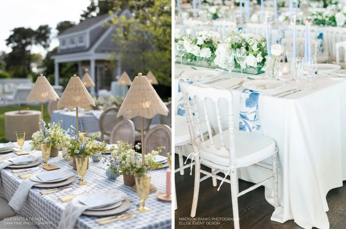 Elegant outdoor dining setup with white chairs and tables decorated with intricate napkin folds, blue accents, and floral centerpieces under wicker lampshades.