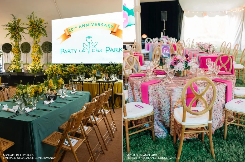 Two images of a decorated event: one shows a stage with a "20th Anniversary Party in the Park" sign; the other displays a dining area with tables set with pink and white tablecloths and floral centerpieces.