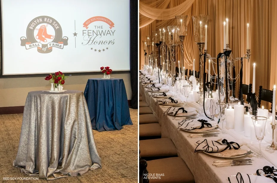 A split image showing a podium setup with Boston Red Sox Hall of Fame and Fenway Honors logos on the left, and an elegantly set long dining table with candles and chandeliers on the right.
