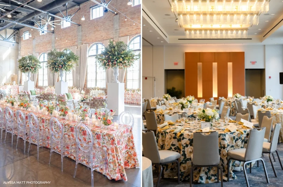 Two event venues: the left has long tables with floral tablecloths and large flower arrangements in a brick warehouse setting; the right has round tables with floral tablecloths and elegant chandeliers.