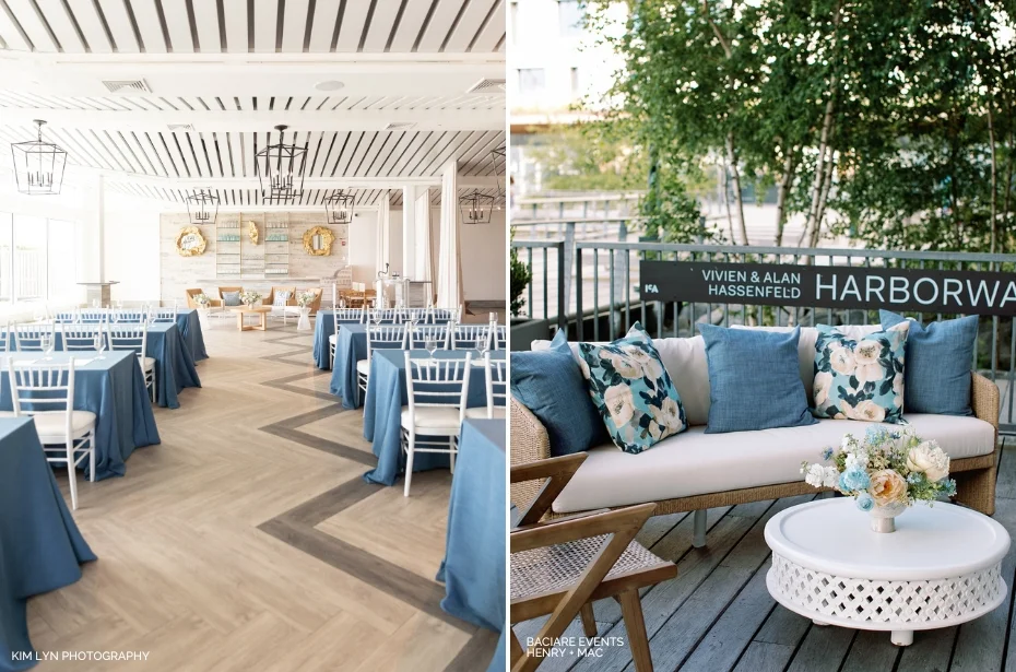 On the left, an indoor dining hall with blue and white decor and tables set for an event. On the right, an outdoor seating area with a cushioned sofa, blue pillows, and floral cushions.