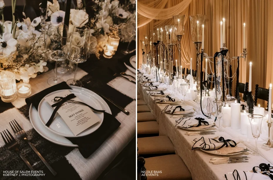 Side-by-side images of two elegantly set dinner tables. The left table features a black and white theme with candles and flowers. The right table showcases tall candelabras, candles, and gold accents.