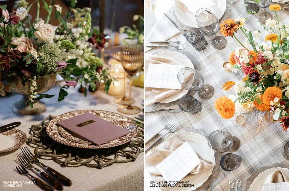 Two elegantly set tables with intricate floral centerpieces. Table on the left has vintage tableware and a menu on the plate. Table on the right features fresh flowers and checkered tablecloth.