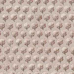 A seamless pattern featuring small repetitive motifs of stylized trees with white and brown colors on an Emilie Dove Grey background.