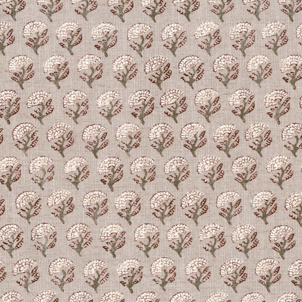 A seamless pattern featuring small repetitive motifs of stylized trees with white and brown colors on an Emilie Dove Grey background.