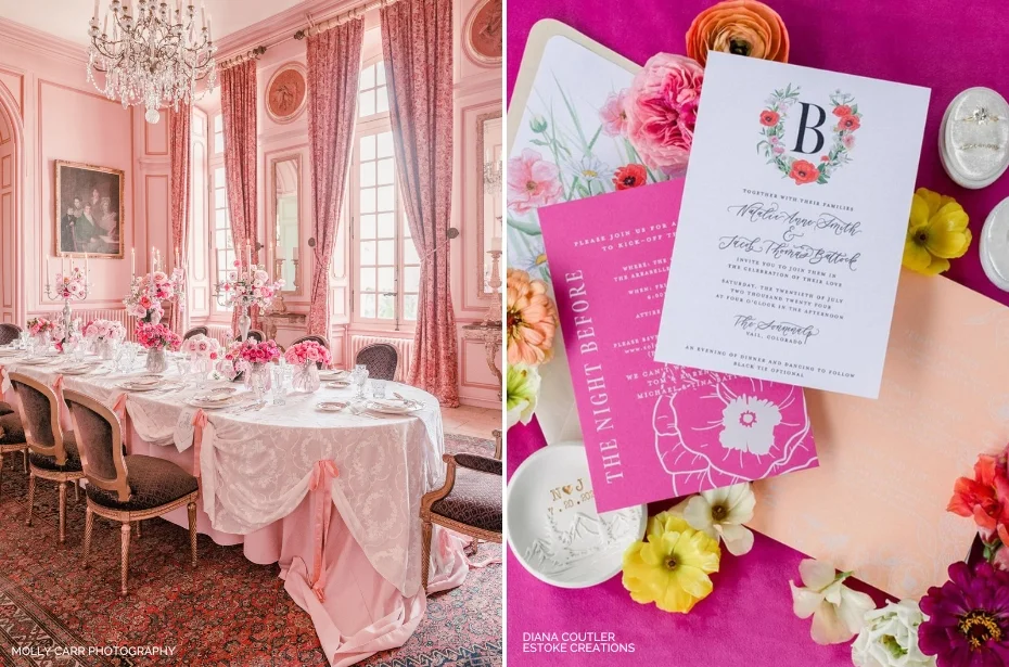 Left: A formal dining room with pink decor, a chandelier, and a round table set for eight. Right: Wedding invitations and floral arrangements placed on a pink background.