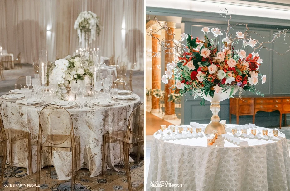 Two elegantly decorated tables: the left one features white flowers and transparent chairs, while the right one has an arrangement of red and pink flowers in a vase.