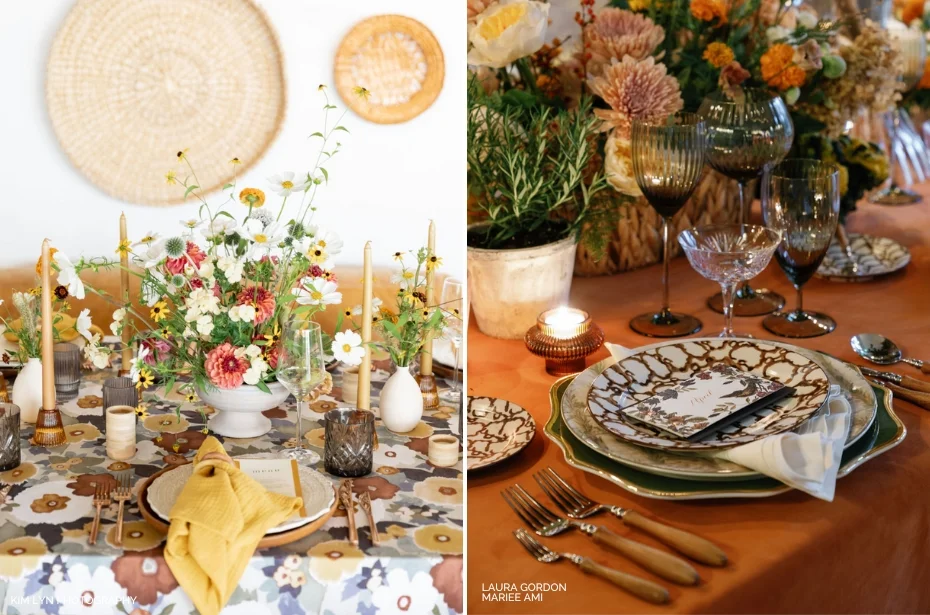 Two dining settings: one with wildflower centerpiece, woven wall decor, and patterned tablecloth; the other with orange tablecloth, floral arrangement, and elegant dishware and crystal glasses.