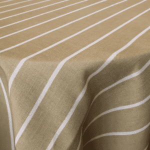 A close-up view of the Rustic Moss Plaid tablecloth showcasing its beige fabric adorned with white diagonal stripes.