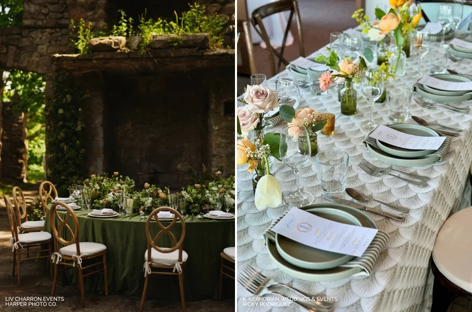 Two table settings: one outdoor with green tablecloths and floral arrangements, the other indoor with a scalloped tablecloth and pastel floral centerpieces.