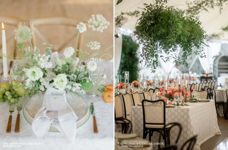 Two elegantly set dining tables at a wedding reception. One table has floral arrangements in white and green tones, and the other is adorned with taller, lush green centerpieces under a tent canopy.