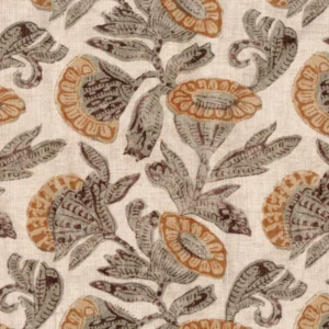 Patterned fabric featuring gray and orange floral designs on a beige background, Nora Celadon.