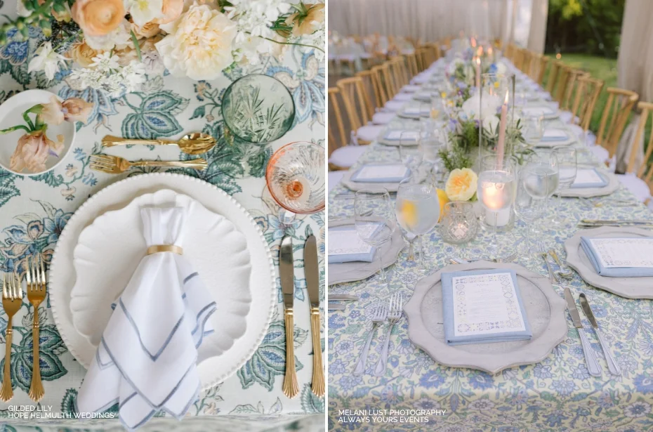 Two table settings: a close-up of a place setting with floral tablecloth and white plate on the left, and a long table with similar decor and menus on plates on the right.