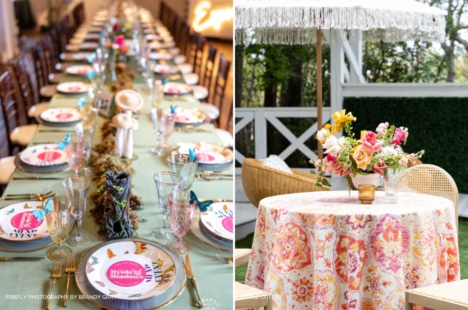 Side-by-side images: Left shows a long banquet table with colorful plates, glasses, and decorations. Right displays a small outdoor table with a floral arrangement under a fringed umbrella.