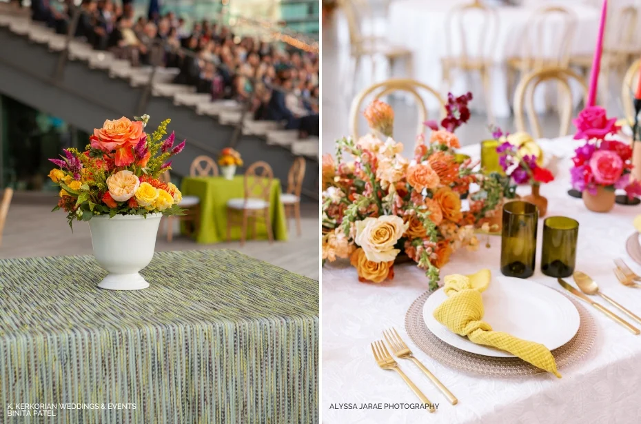 One image shows a floral centerpiece on a green-striped tablecloth; the other depicts a table set with plates, green glassware, napkins, and a floral arrangement, with chairs in the background.