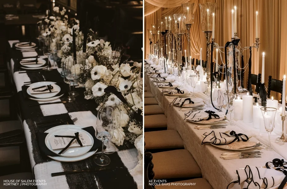 Two elegantly set dining tables are shown, each adorned with flowers, candles, and fine dining ware. One has a monochrome theme, while the other is more elaborate with candle holders and draped decor.