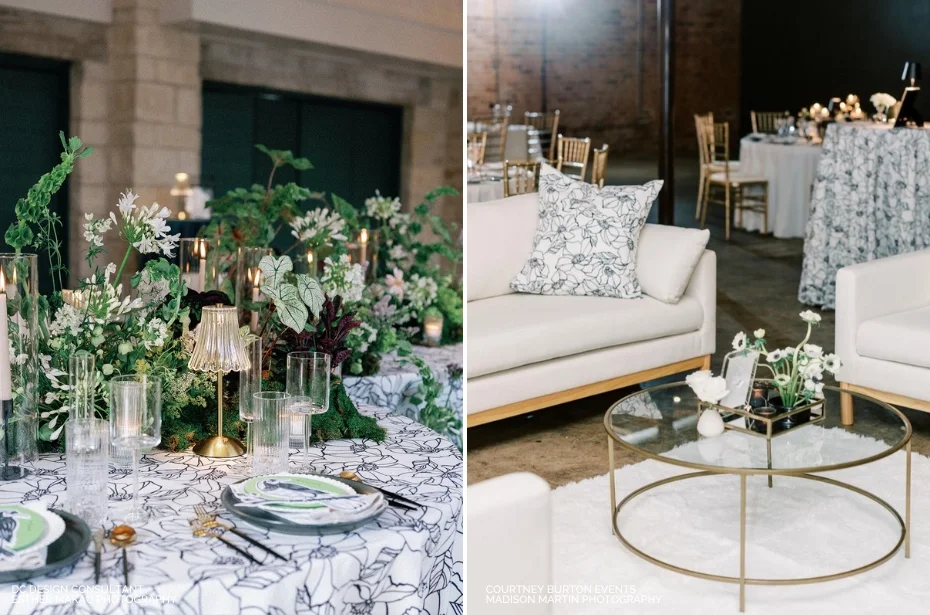 A decorated table with green foliage, candles, and place settings is on the left. On the right, a seating area with white couches, a glass coffee table, and a floral centerpiece is shown.