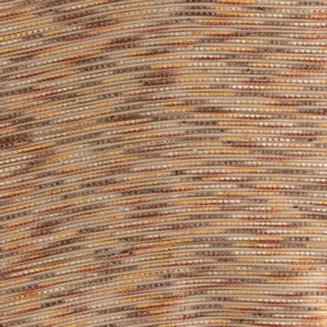 A close-up view of a fabric with horizontal striped pattern featuring shades of beige, brown, red, and yellow.