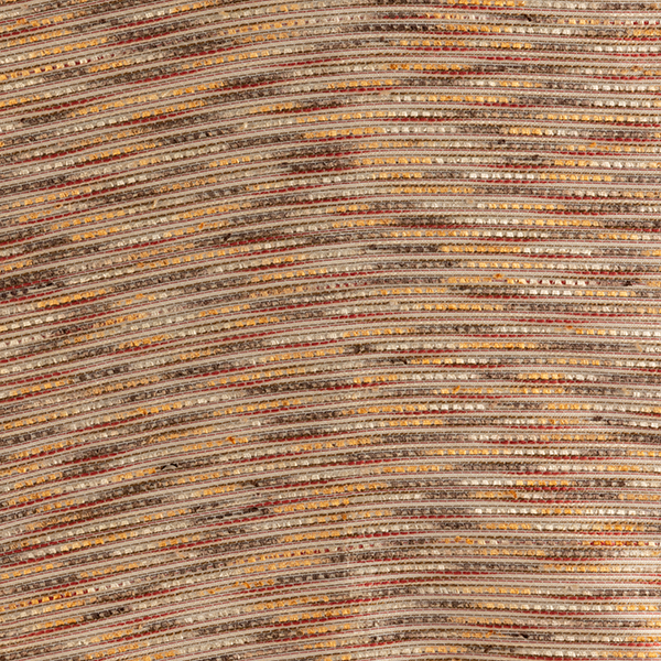 A close-up view of a fabric with horizontal striped pattern featuring shades of beige, brown, red, and yellow.