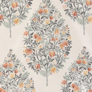 Pattern of stylized trees with leaves and orange fruits, repeated on a light background.