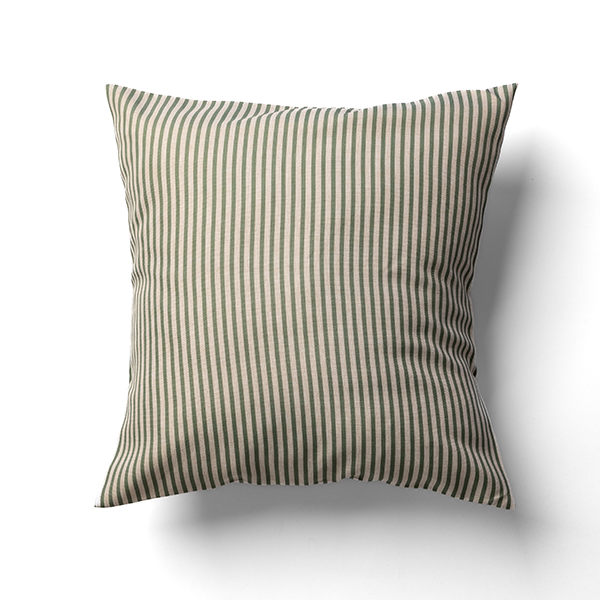 A square throw pillow with a vertical green and beige striped pattern against a white background.