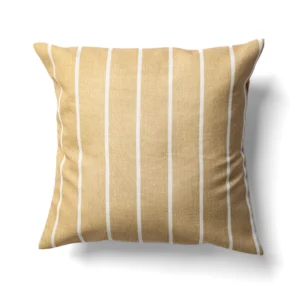 A square throw pillow with a beige color and vertical white stripes.