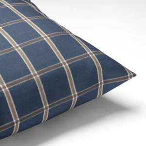 Close-up of a cushion with a blue and brown plaid design.