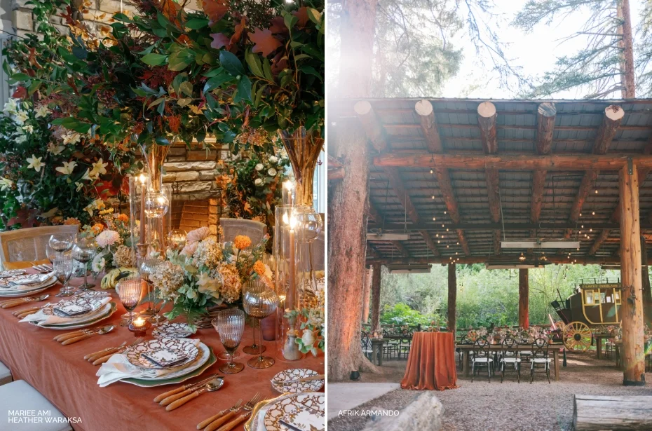 Elegant table setting with floral arrangements on the left; rustic outdoor dining area with wooden beams and green surroundings on the right.