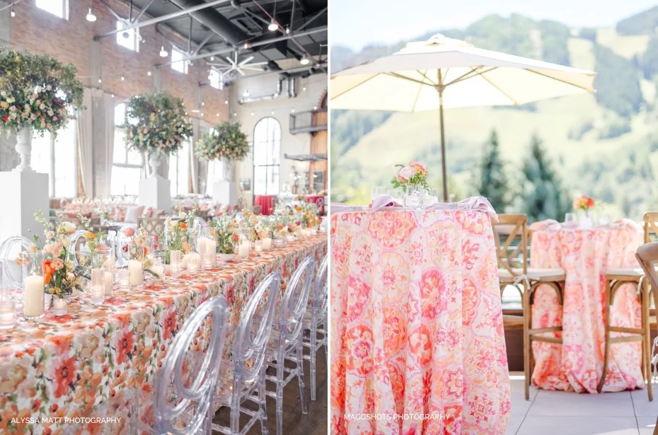 Two setups for events feature floral tablecloths and clear chairs. The indoor scene has tall floral centerpieces, while the outdoor setting includes an umbrella and a scenic view.