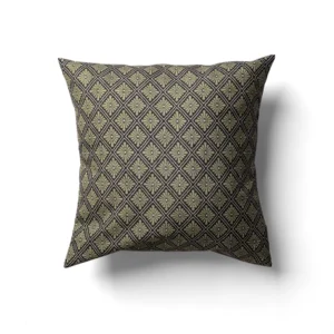 Percival Olive Pillow featuring a geometric diamond pattern in black and gold on a white background.