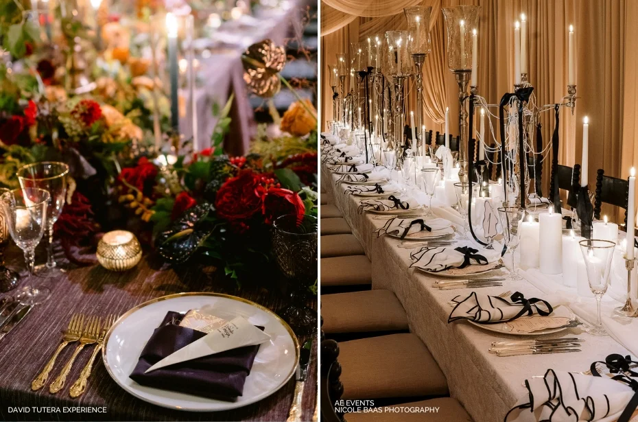 Left table: Elegant setting with candles, flowers, and personalized napkins. Right table: Luxurious setting with tall candelabras and draped fabric.