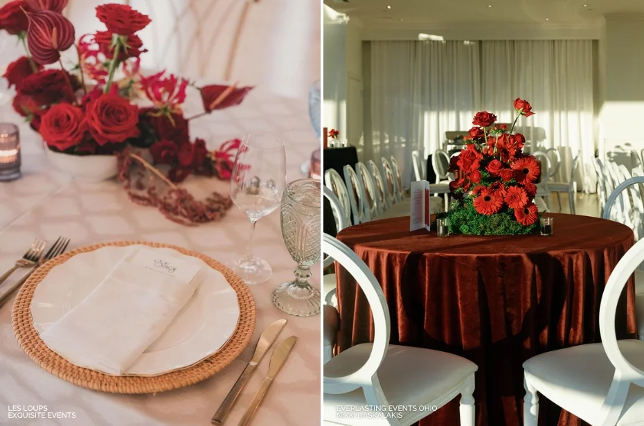 Two event table settings with red floral centerpieces and elegant tableware. The left features woven placemats, and the right shows a red tablecloth and white chairs.