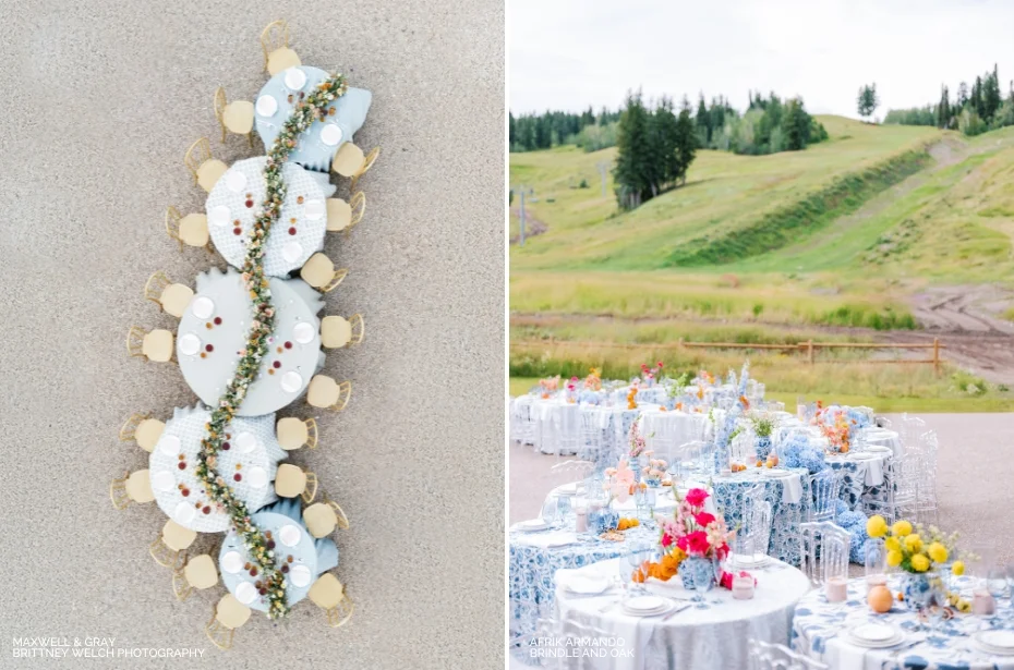 Aerial view of a long banquet table with table settings and greenery (left) and an outdoor setting with tables decorated with colorful flowers and patterned tablecloths (right).