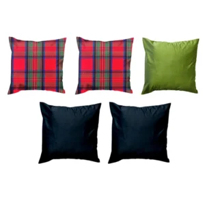 Holly Berry Bliss Pillow Package: Five square pillows, including two with red plaid patterns, one solid green, and two solid black.